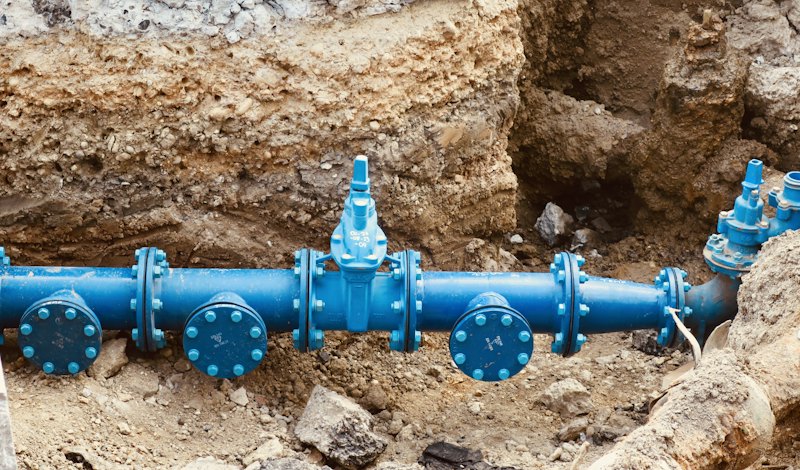 Water supply pipeline and valves in a trench