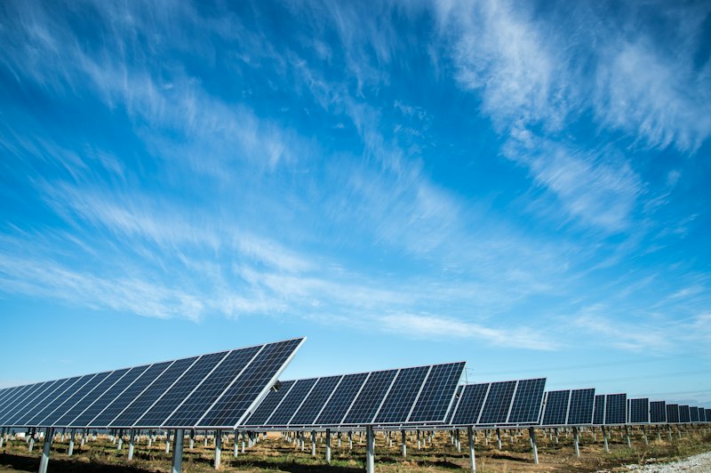 Rows of solar panels under a blue sky